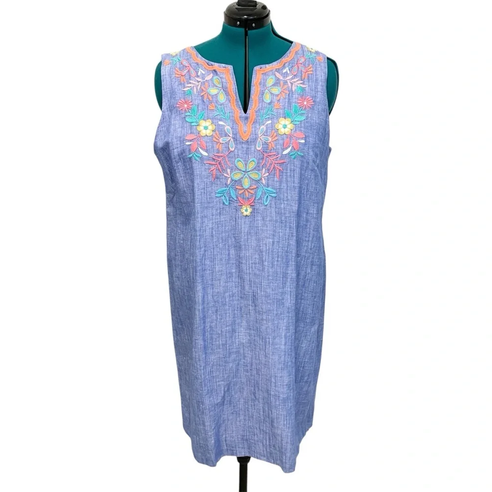 Talbots Dress Linen Blue Embroidered 16 - Picture 4 of 15